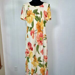 Vintage 80s Carole Little Floral Maxi Dress Cream Peach Hibiscus Print Bias Cut